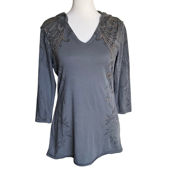 Seven7 Y2K Goth Grunge Bedazzled Top Non-figurative Graphic Hooded 3/4 Sleeves M - Picture 1 of 16